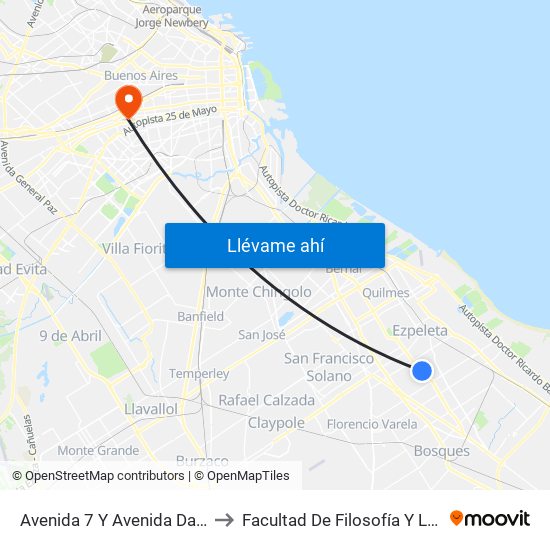 Avenida 7 Y Avenida Dardo Rocha to Facultad De Filosofía Y Letras (Uba) map