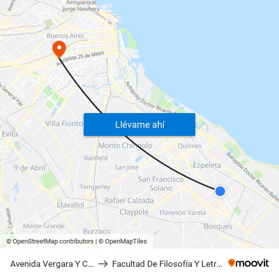 Avenida Vergara Y Calle 18 to Facultad De Filosofía Y Letras (Uba) map