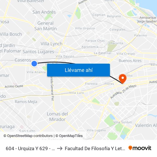 604 - Urquiza Y 629 - México to Facultad De Filosofía Y Letras (Uba) map