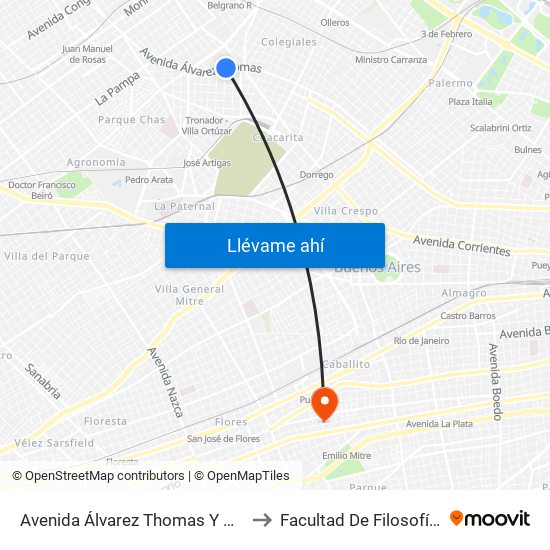 Avenida Álvarez Thomas Y Heredia (76 - 93 - 140) to Facultad De Filosofía Y Letras (Uba) map