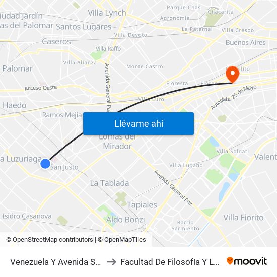 Venezuela Y Avenida Santamaría to Facultad De Filosofía Y Letras (Uba) map
