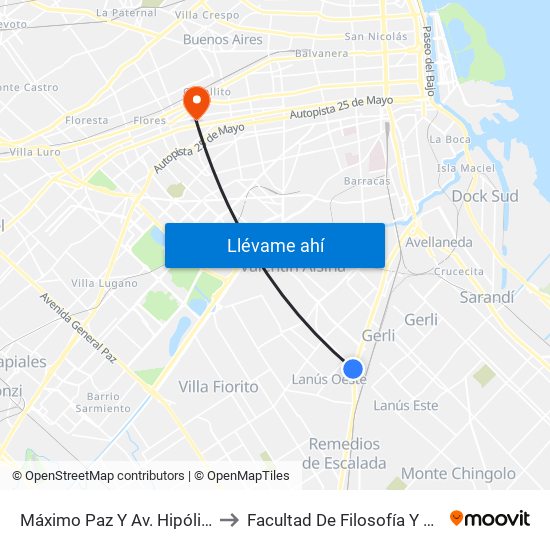 Máximo Paz Y Av. Hipólito Yrigoyen to Facultad De Filosofía Y Letras (Uba) map