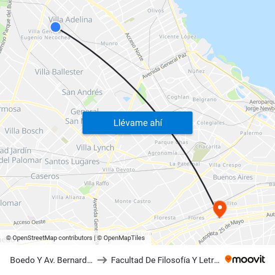 Boedo Y Av. Bernardo Ader to Facultad De Filosofía Y Letras (Uba) map