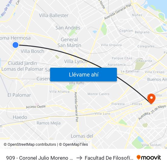 909 - Coronel Julio Moreno Y 938 - Gabino Ezeiza to Facultad De Filosofía Y Letras (Uba) map