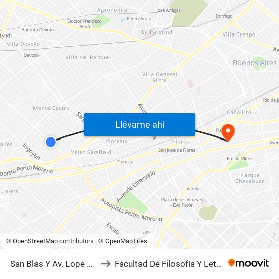 San Blas Y Av. Lope De Vega to Facultad De Filosofía Y Letras (Uba) map