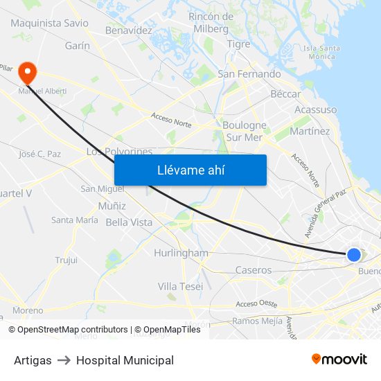 Artigas to Hospital Municipal map