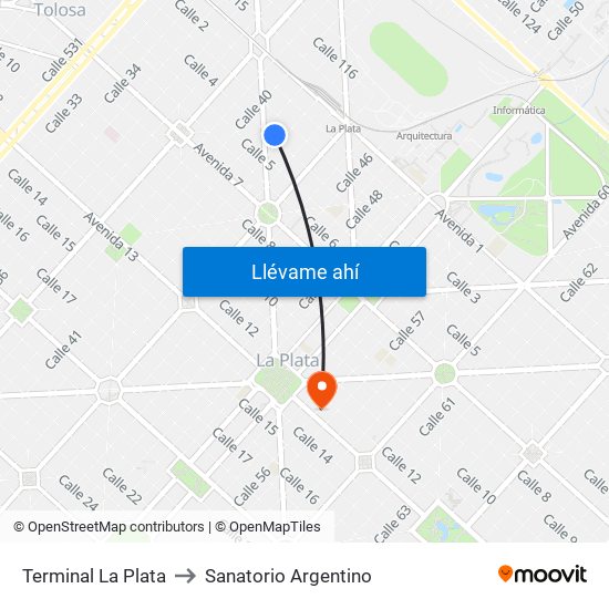 Terminal La Plata to Sanatorio Argentino map
