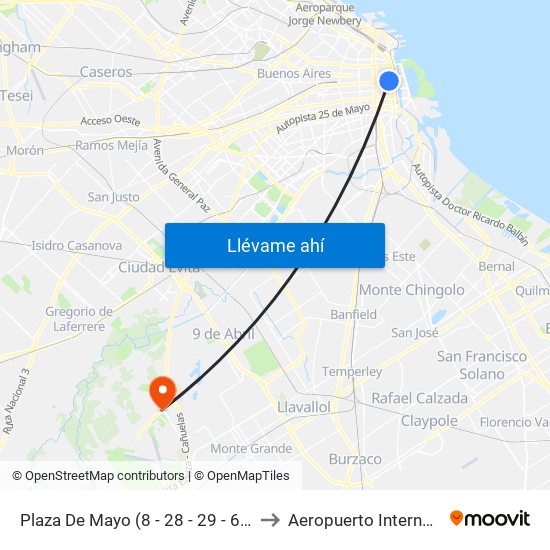 Plaza De Mayo (8 - 28 - 29 - 64 - 105 - 111 - 146) to Aeropuerto Internacional Ezeiza map