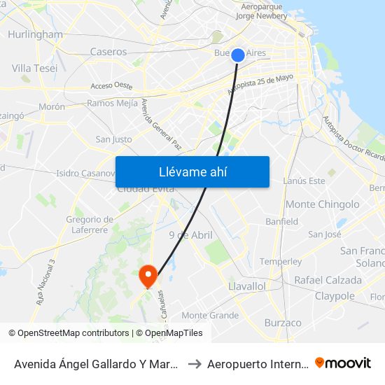 Avenida Ángel Gallardo Y Marechal (105 - 124 - 146) to Aeropuerto Internacional Ezeiza map