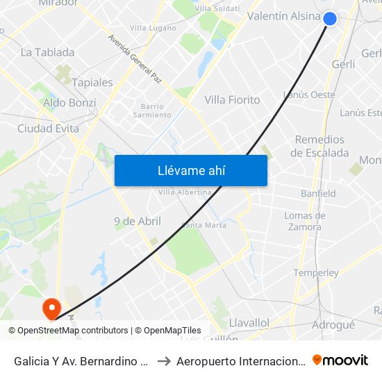 Galicia Y Av. Bernardino Rivadavia to Aeropuerto Internacional Ezeiza map