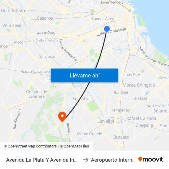 Avenida La Plata Y Avenida Independencia (65 - 119) to Aeropuerto Internacional Ezeiza map