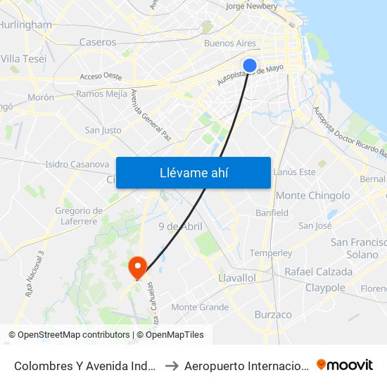 Colombres Y Avenida Independencia to Aeropuerto Internacional Ezeiza map