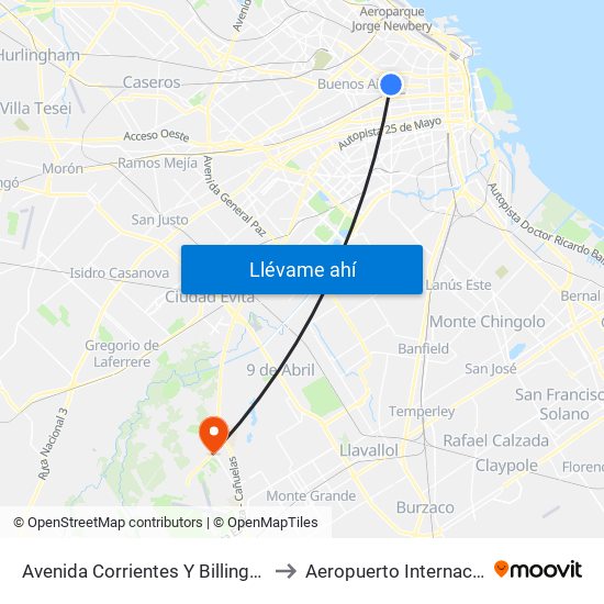 Avenida Corrientes Y Billinghurst (24 - 168) to Aeropuerto Internacional Ezeiza map