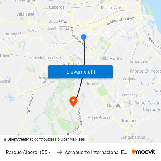 Parque Alberdi (55 - 92) to Aeropuerto Internacional Ezeiza map