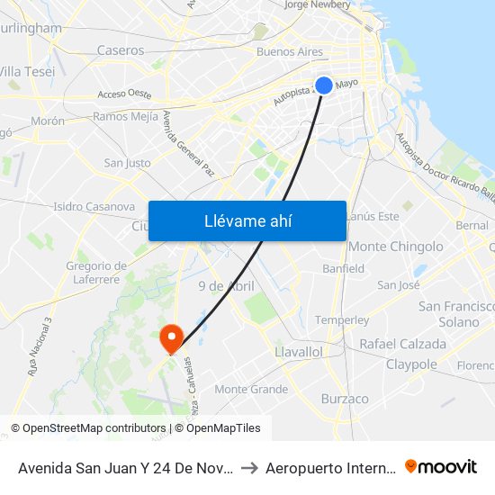 Avenida San Juan Y 24 De Noviembre (53 - 88 - 126) to Aeropuerto Internacional Ezeiza map