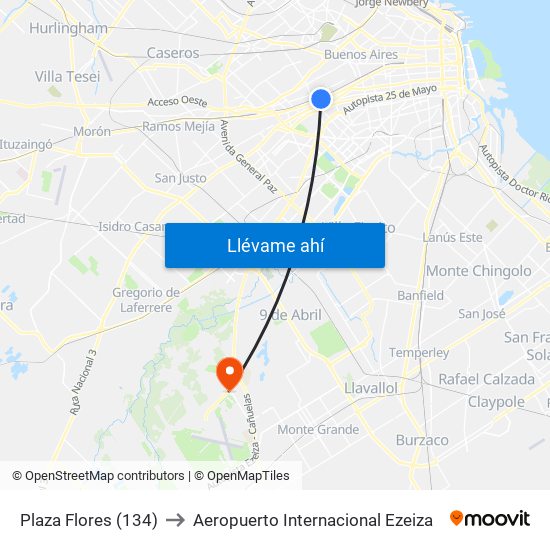 Plaza Flores (134) to Aeropuerto Internacional Ezeiza map