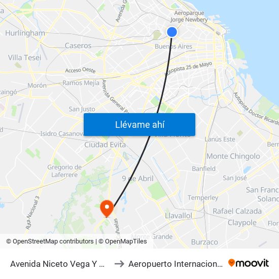Avenida Niceto Vega Y Humboldt to Aeropuerto Internacional Ezeiza map