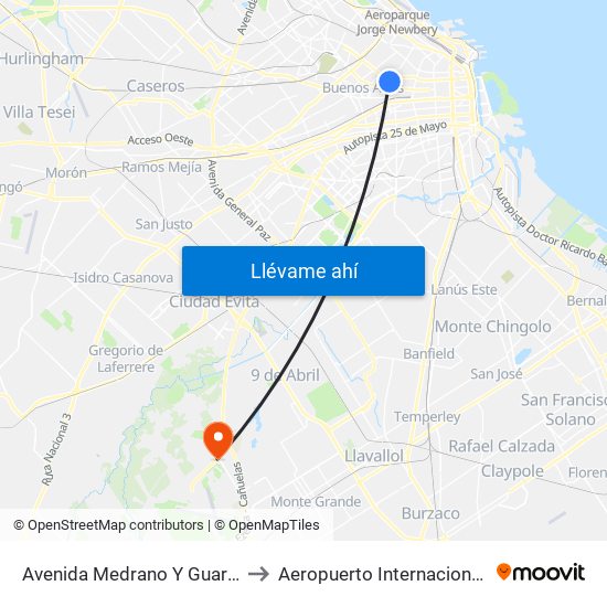 Avenida Medrano Y Guardia Vieja to Aeropuerto Internacional Ezeiza map