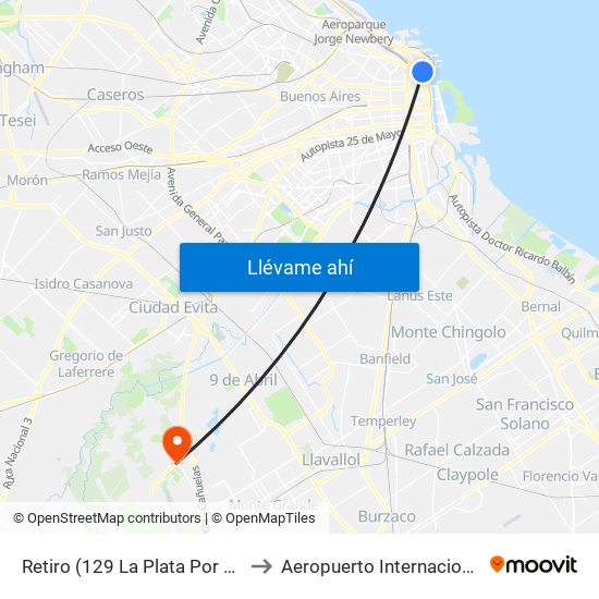 Retiro (129 La Plata Por Autopista) to Aeropuerto Internacional Ezeiza map