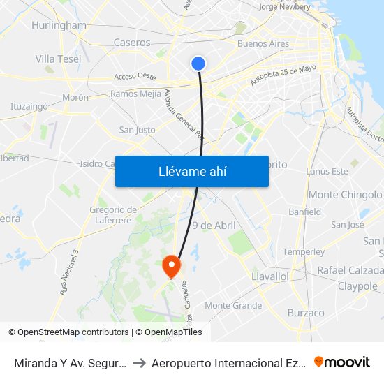 Miranda Y Av. Segurola to Aeropuerto Internacional Ezeiza map