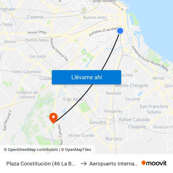 Plaza Constitución (46 La Boca - 65 - 97 Final) to Aeropuerto Internacional Ezeiza map