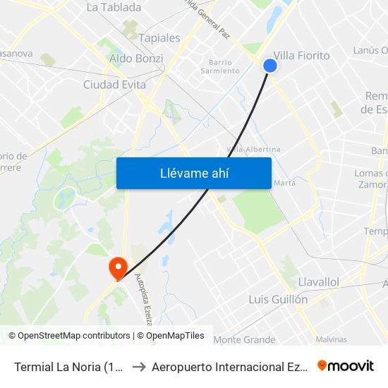 Termial La Noria (117) to Aeropuerto Internacional Ezeiza map