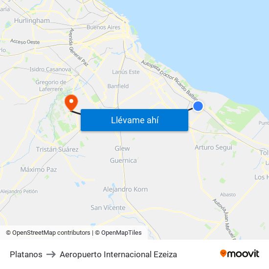 Platanos to Aeropuerto Internacional Ezeiza map