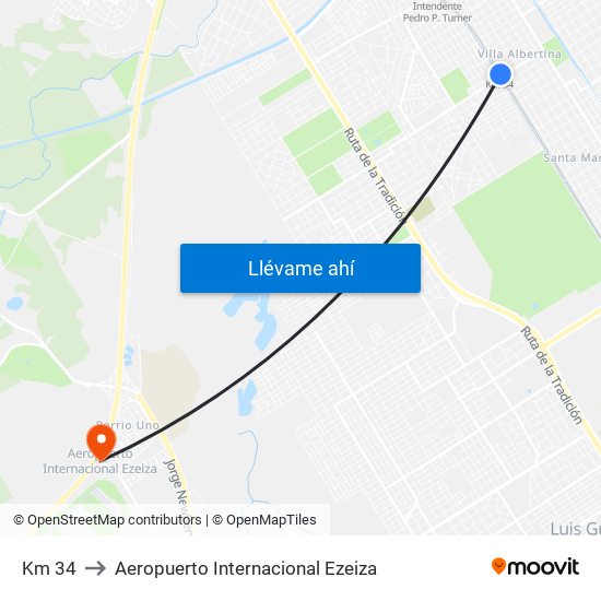 Km 34 to Aeropuerto Internacional Ezeiza map