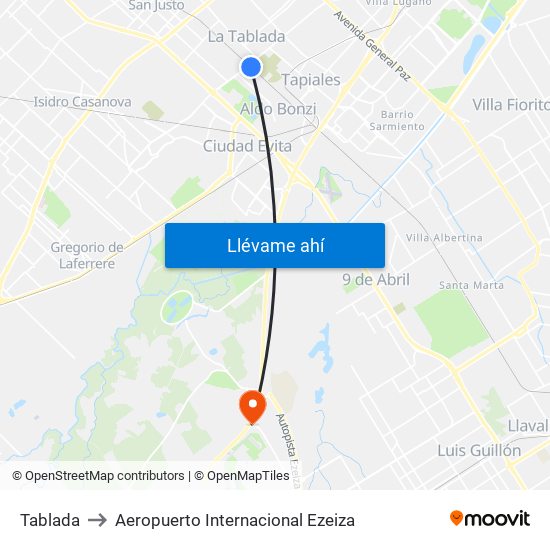 Tablada to Aeropuerto Internacional Ezeiza map
