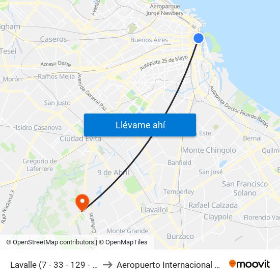 Lavalle (7 - 33 - 129 - 143) to Aeropuerto Internacional Ezeiza map