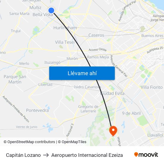 Capitán Lozano to Aeropuerto Internacional Ezeiza map