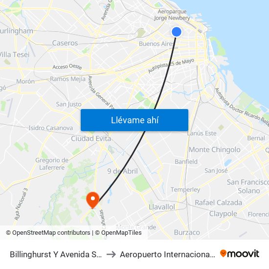 Billinghurst Y Avenida Santa Fe to Aeropuerto Internacional Ezeiza map