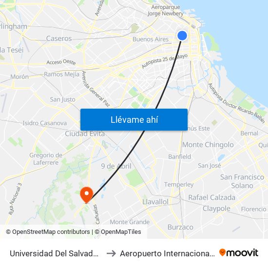 Universidad Del Salvador (132) to Aeropuerto Internacional Ezeiza map