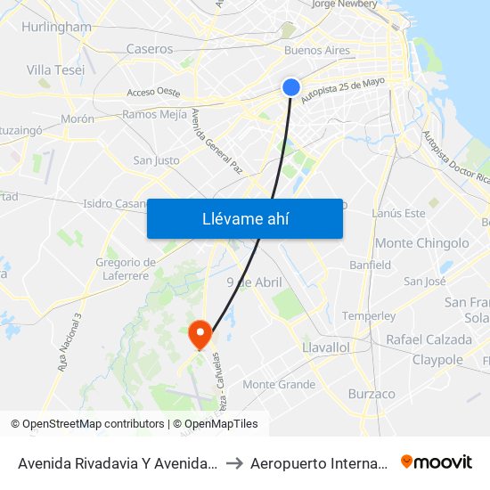 Avenida Rivadavia Y Avenida Carabobo (145) to Aeropuerto Internacional Ezeiza map