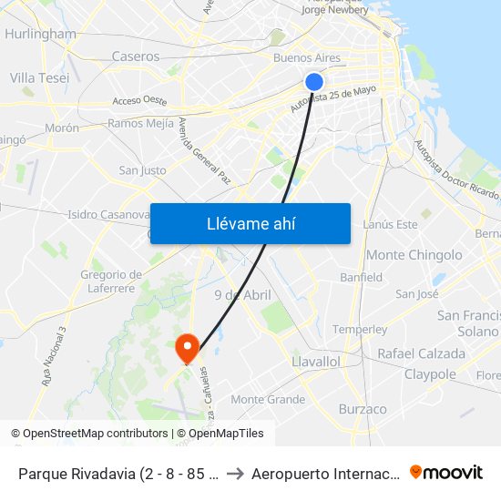 Parque Rivadavia (2 - 8 - 85 - 86 - 88 - 103) to Aeropuerto Internacional Ezeiza map