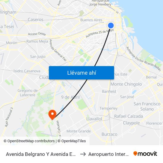 Avenida Belgrano Y Avenida Entre Ríos (57 - 98 - 164) to Aeropuerto Internacional Ezeiza map