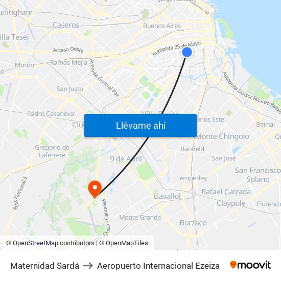 Maternidad Sardá to Aeropuerto Internacional Ezeiza map