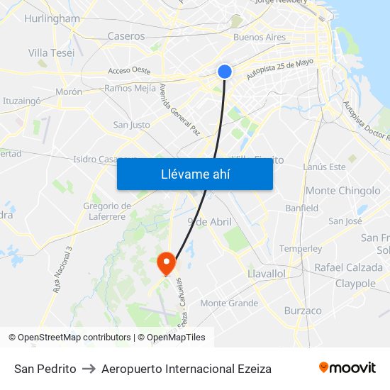 San Pedrito to Aeropuerto Internacional Ezeiza map
