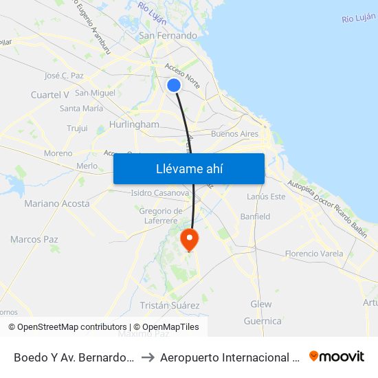 Boedo Y Av. Bernardo Ader to Aeropuerto Internacional Ezeiza map