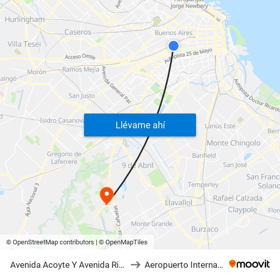 Avenida Acoyte Y Avenida Rivadavia (42 - 135) to Aeropuerto Internacional Ezeiza map