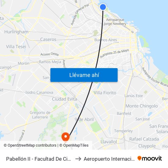 Pabellón II - Facultad De Ciencias Exactas to Aeropuerto Internacional Ezeiza map