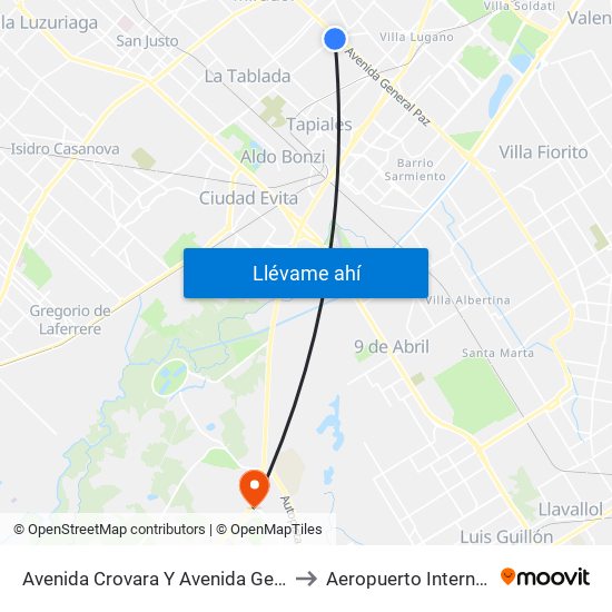 Avenida Crovara Y Avenida General Paz (180 - 630) to Aeropuerto Internacional Ezeiza map