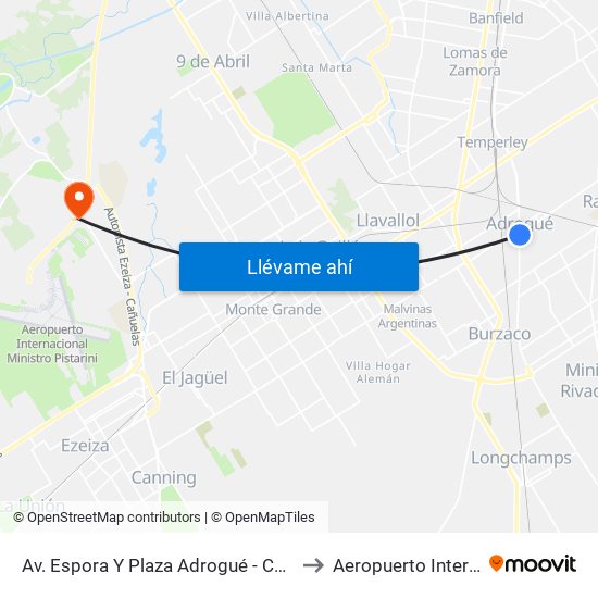 Av. Espora Y Plaza Adrogué - Colegio Nacional De Adrogué to Aeropuerto Internacional Ezeiza map