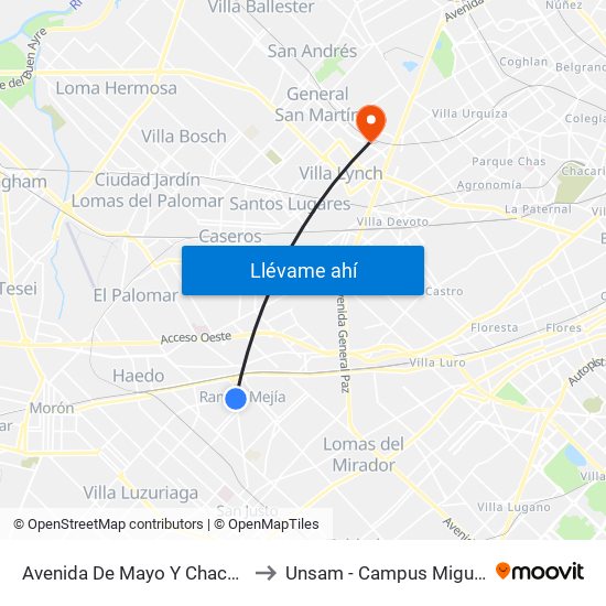 Avenida De Mayo Y Chacabuco to Unsam - Campus Miguelete map