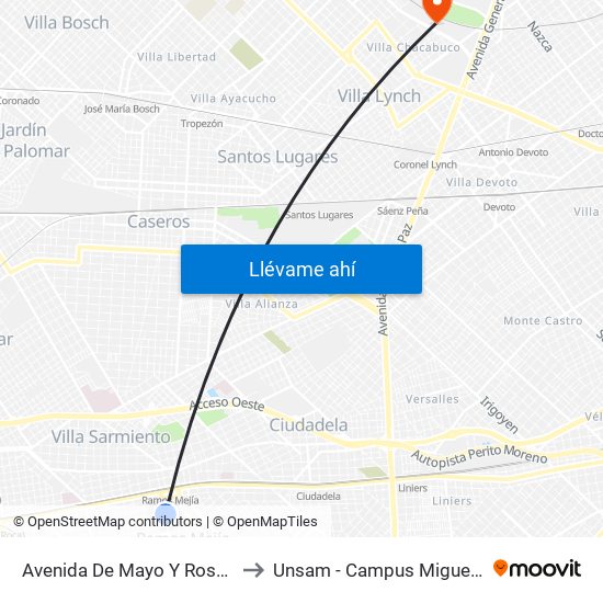Avenida De Mayo Y Rosales to Unsam - Campus Miguelete map