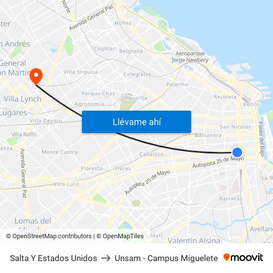 Salta Y Estados Unidos to Unsam - Campus Miguelete map