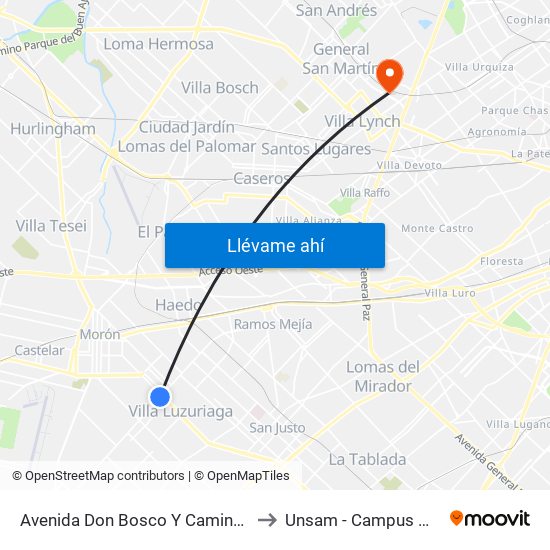 Avenida Don Bosco Y Camino De Cintura to Unsam - Campus Miguelete map