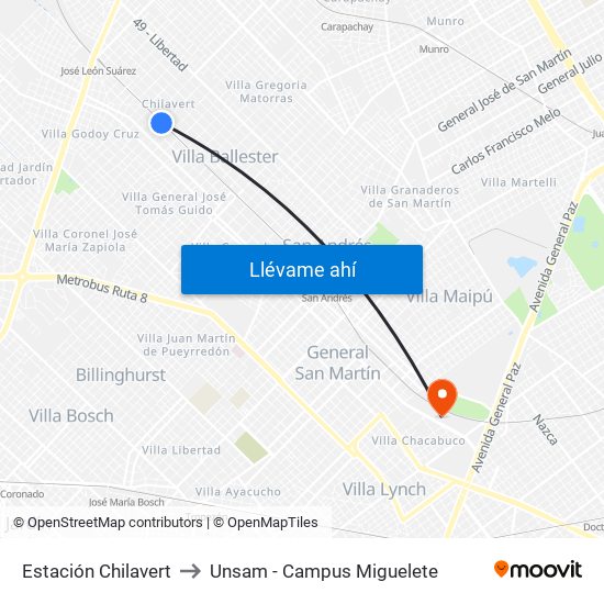 Estación Chilavert to Unsam - Campus Miguelete map