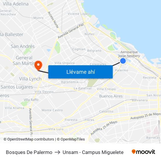 Bosques De Palermo to Unsam - Campus Miguelete map