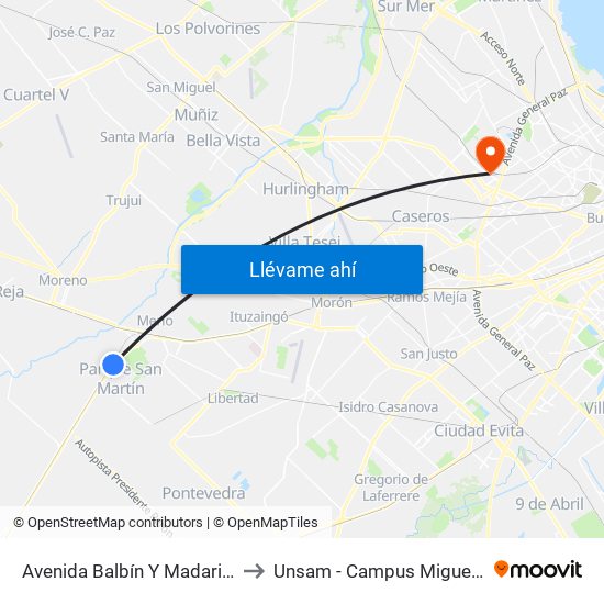 Avenida Balbín Y Madariaga to Unsam - Campus Miguelete map